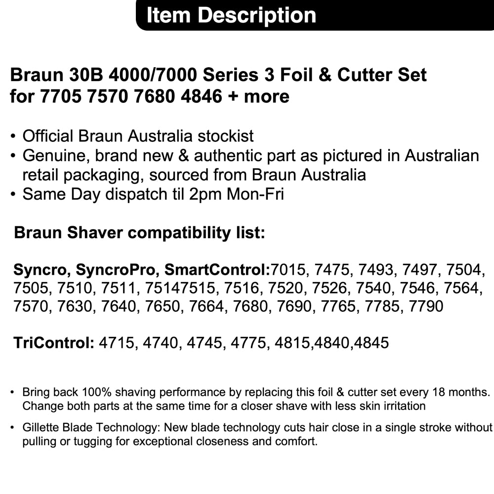 BRAUN 30B 4000/7000 Series 3 Foil & Cutter Set for 7705, 7570, 7680 48 –  Beard & Blade